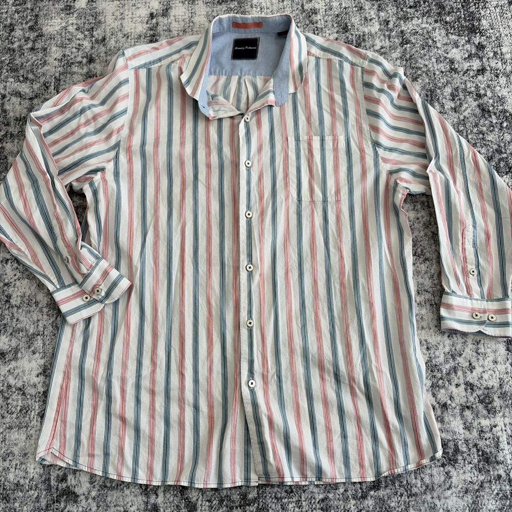 Tommy Bahama Button Up Shirt Long Sleeve LS Striped 3XL XXXL White Blue Orange‎
